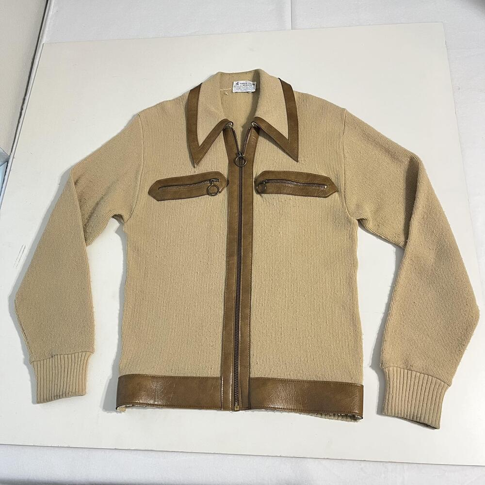 Vintage Teddy Sweater Tennis Small Beige Faux Leather Trim 60s Orlon Rockabilly